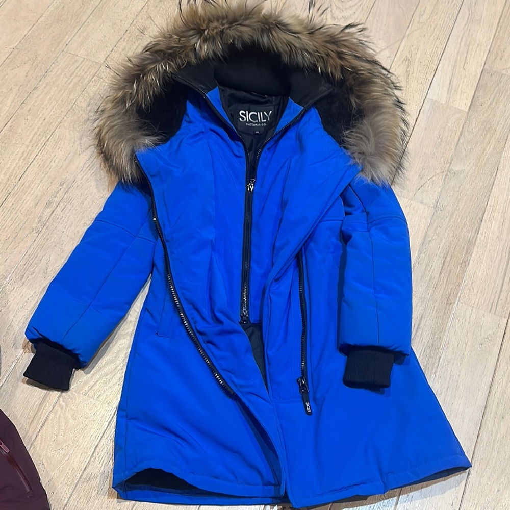 Sicily Blue Fur-Trimmed Hooded Coat